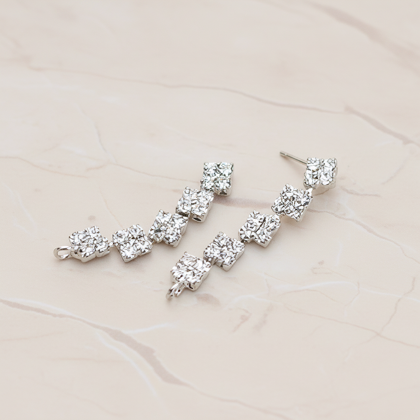 Clear Crystal Cubic Zirconia Setting Square Linked Drop Ear Post, 2 Pc - Glossy Original Rhodium (ER.025)