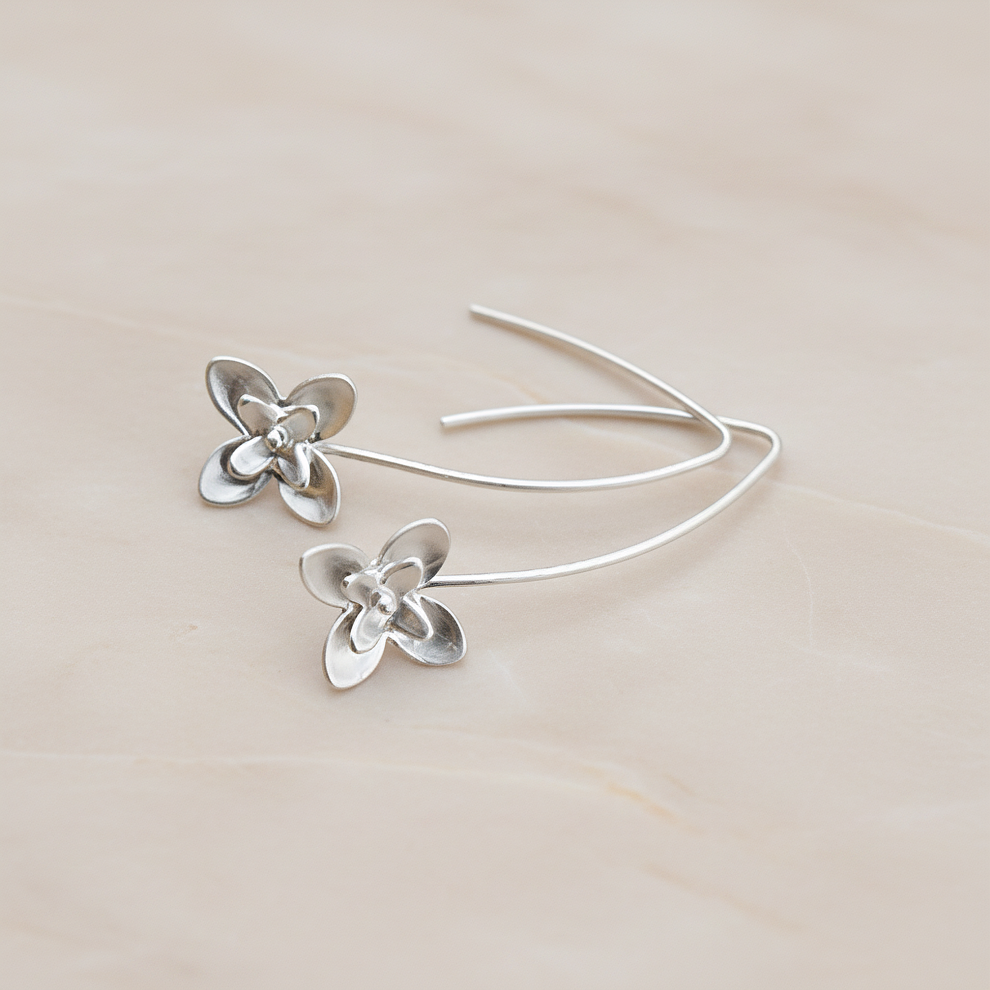 Double Layer Flower Long Earwire, 2 Pc - Matte Original Rhodium (ER.228)
