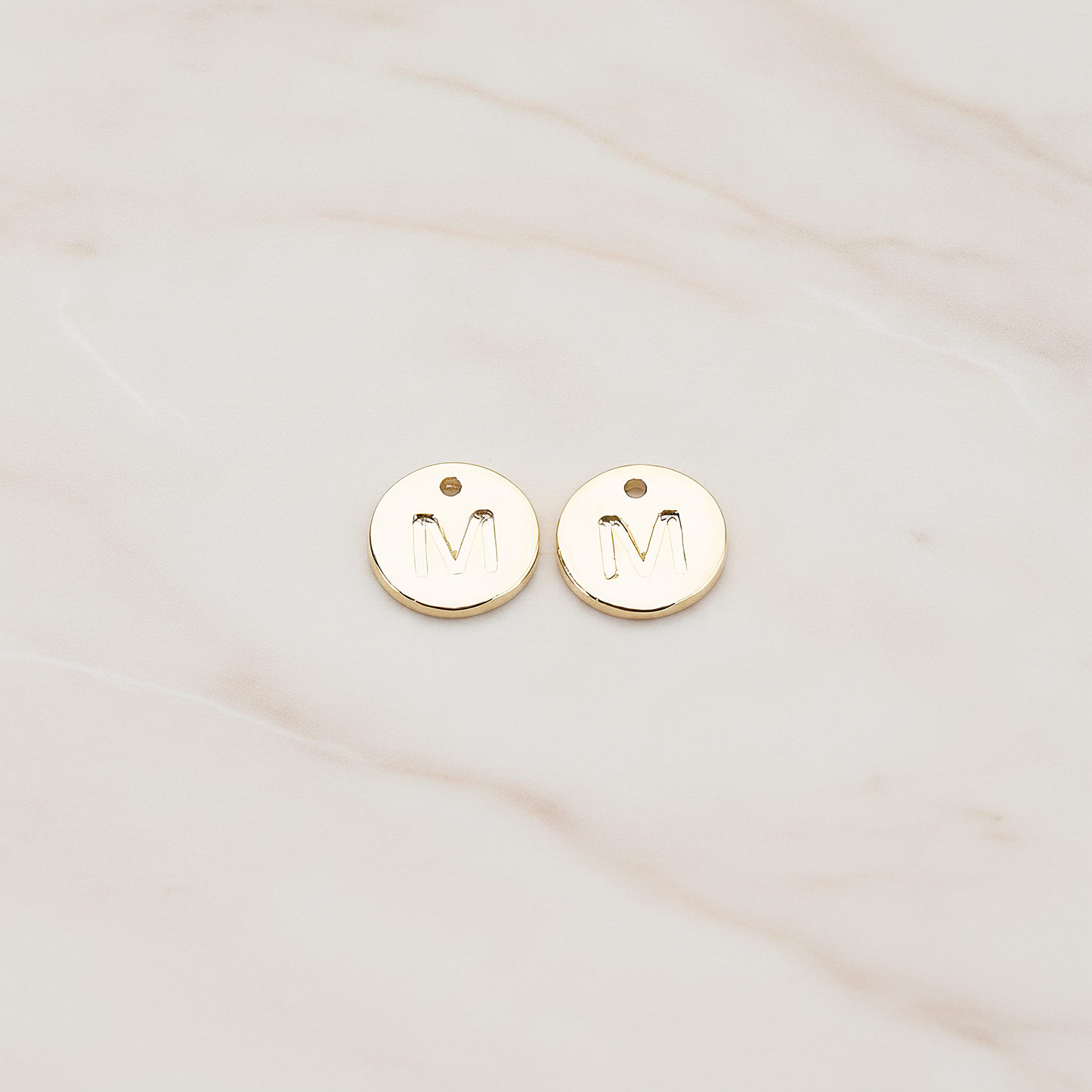 Round Disk Initial Pendant, 2 Pc on warm marble background (PD.219)