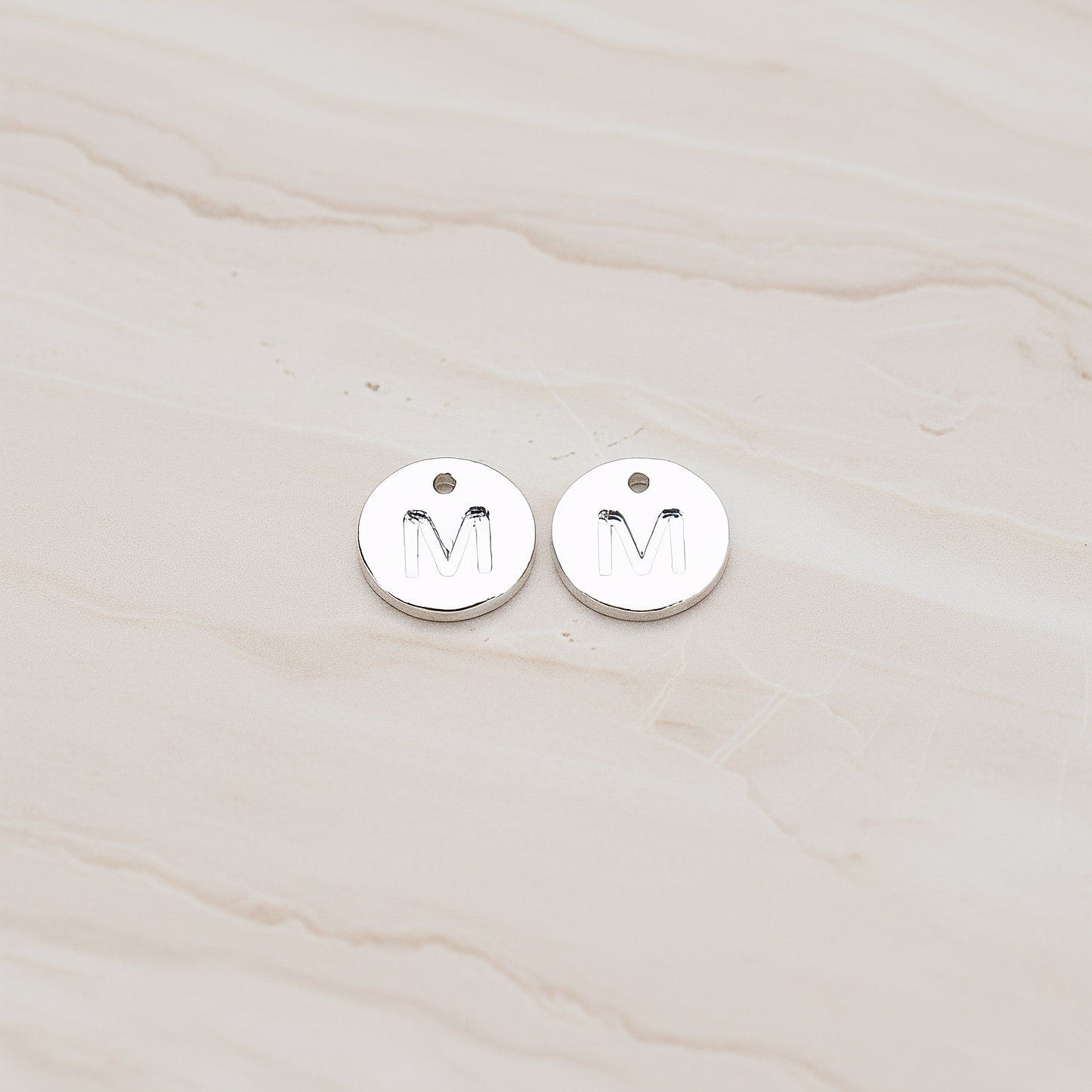 Round Disk Initial Pendant, 2 Pc on warm marble background (PD.219)