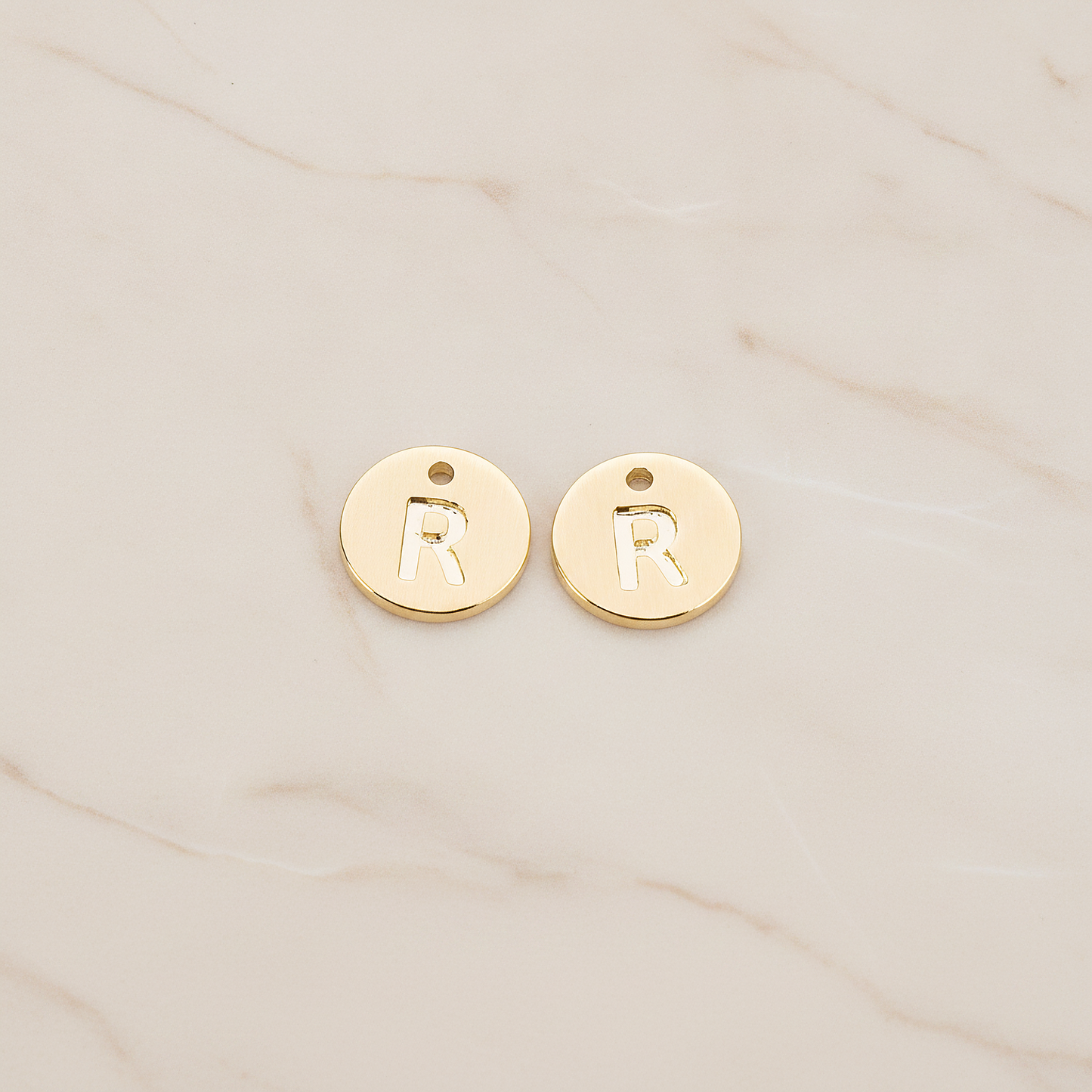 Round Disk Initial Pendant, 2 Pc on warm marble background (PD.219)