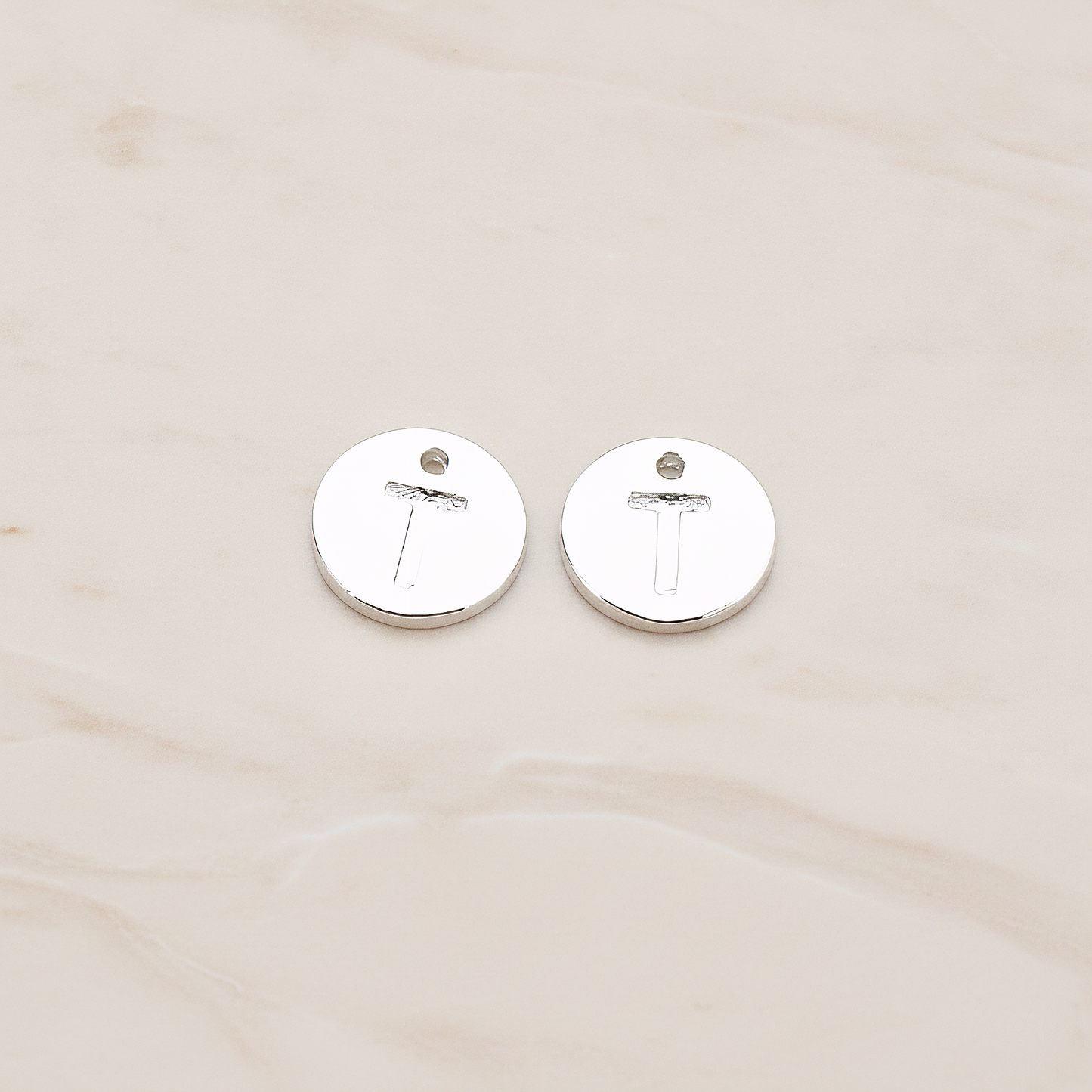 Round Disk Initial Pendant, 2 Pc on warm marble background (PD.219)