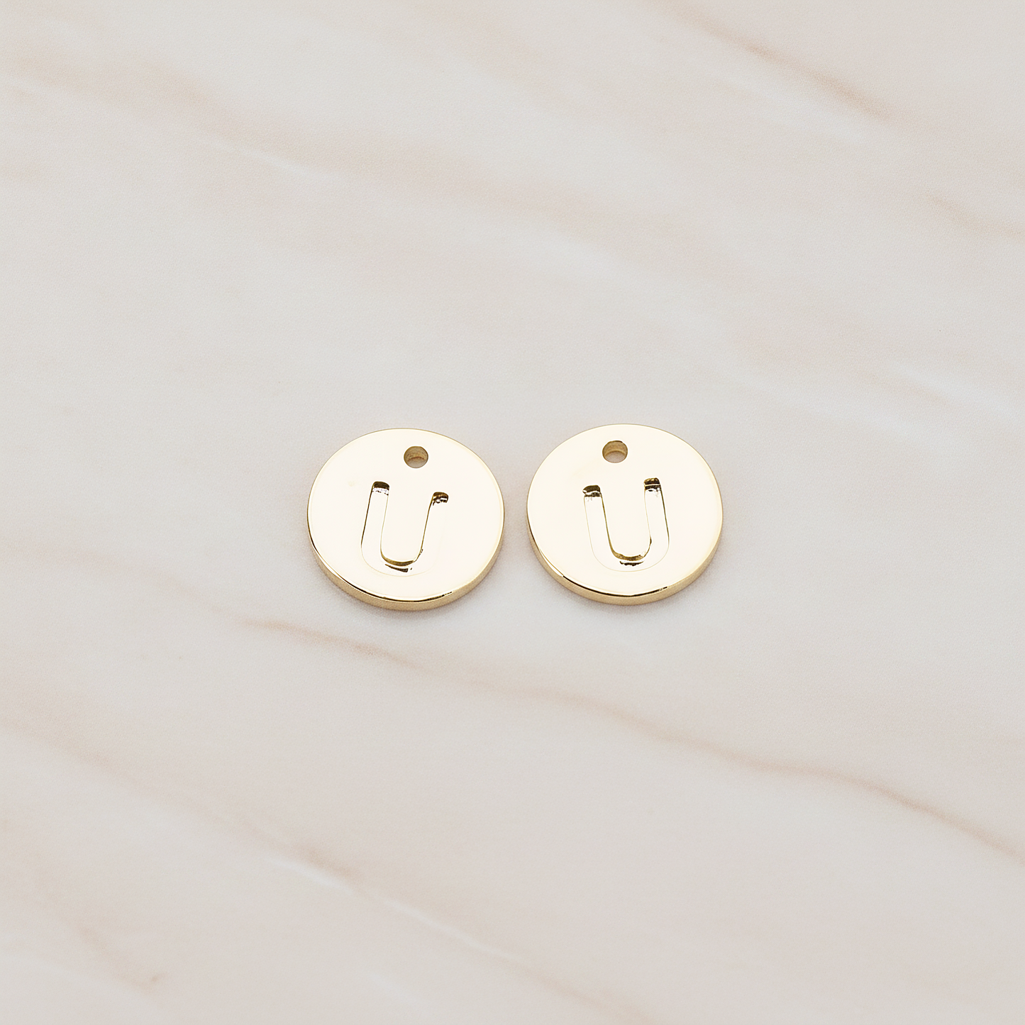 Round Disk Initial Pendant, 2 Pc on warm marble background (PD.219)
