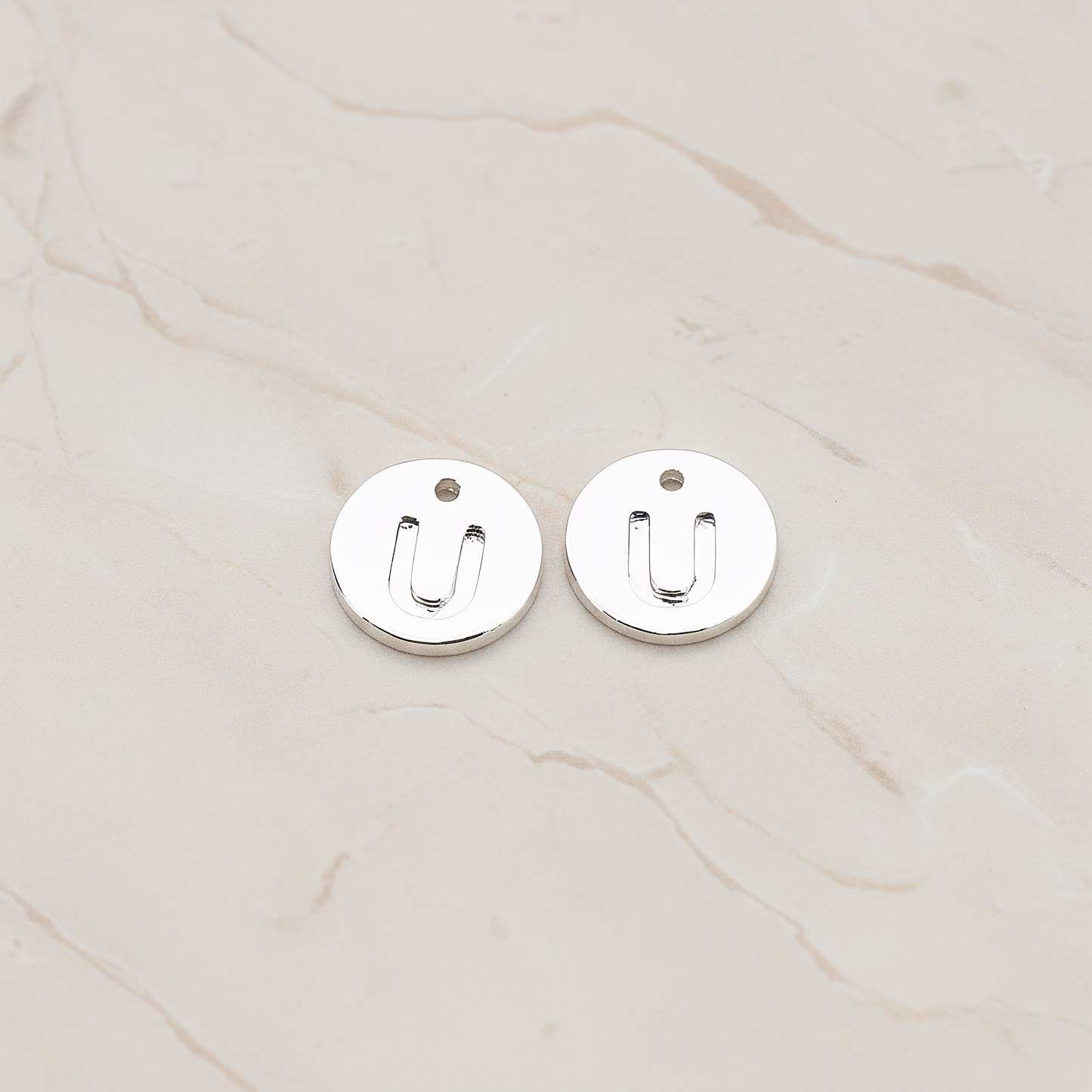 Round Disk Initial Pendant, 2 Pc on warm marble background (PD.219)