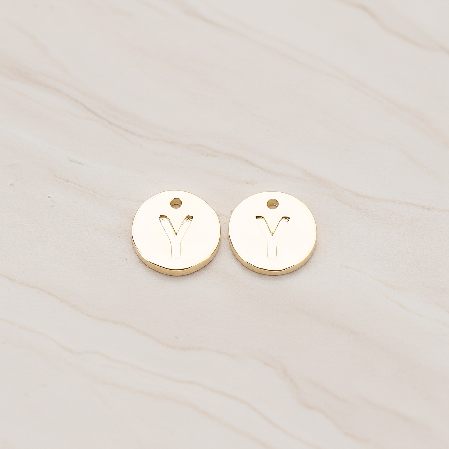 Round Disk Initial Pendant, 2 Pc on warm marble background (PD.219)