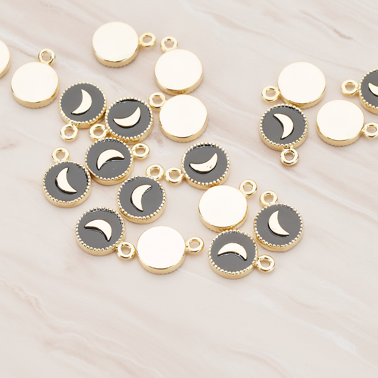 Round Heart or Moon or Peace or Star of Hand or Crown Pendant, 2 Pc on warm marble background (PD.1030-BL)