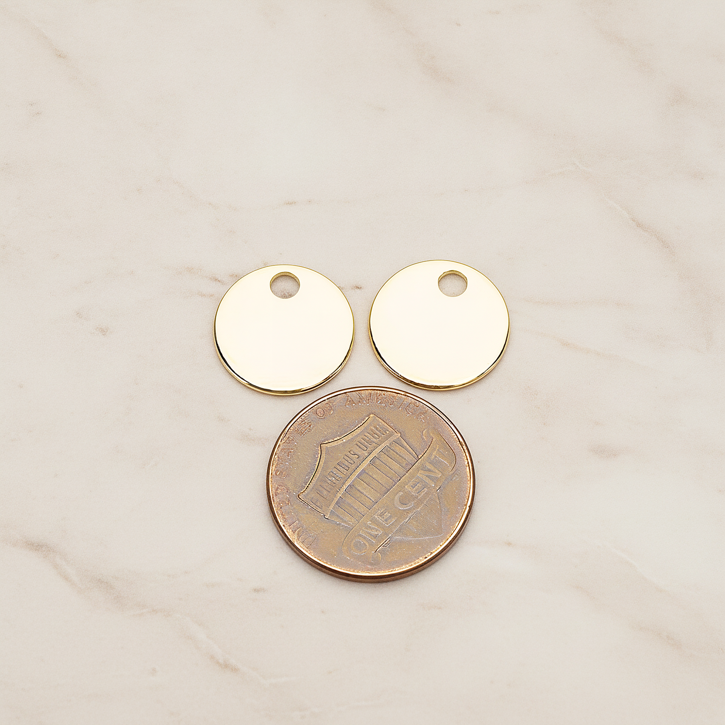13 Mm Round Tag Disk Coin Charm Pendant, 2 Pc on warm marble background (PD.1212)