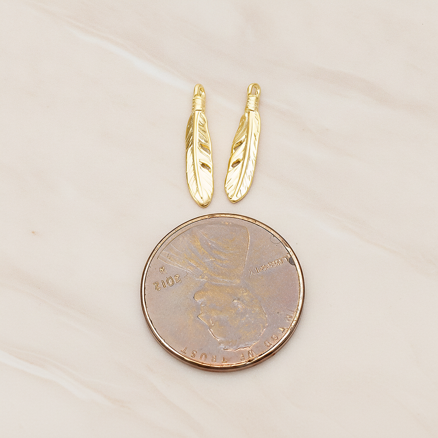 Round Edge Mini Feather Dream Catcher Feather Pendant, 2 Pc on warm marble background (PD.1373)