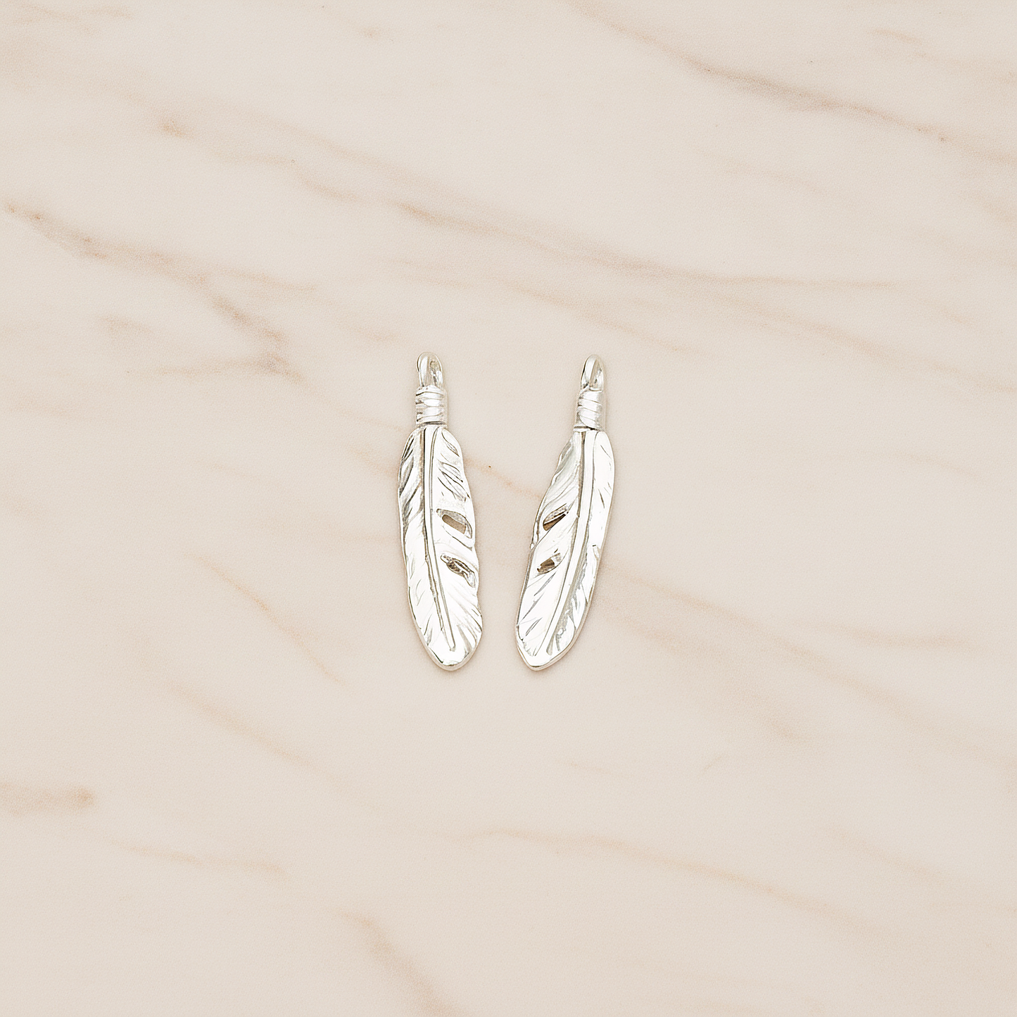 Round Edge Mini Feather Dream Catcher Feather Pendant, 2 Pc on warm marble background (PD.1373)