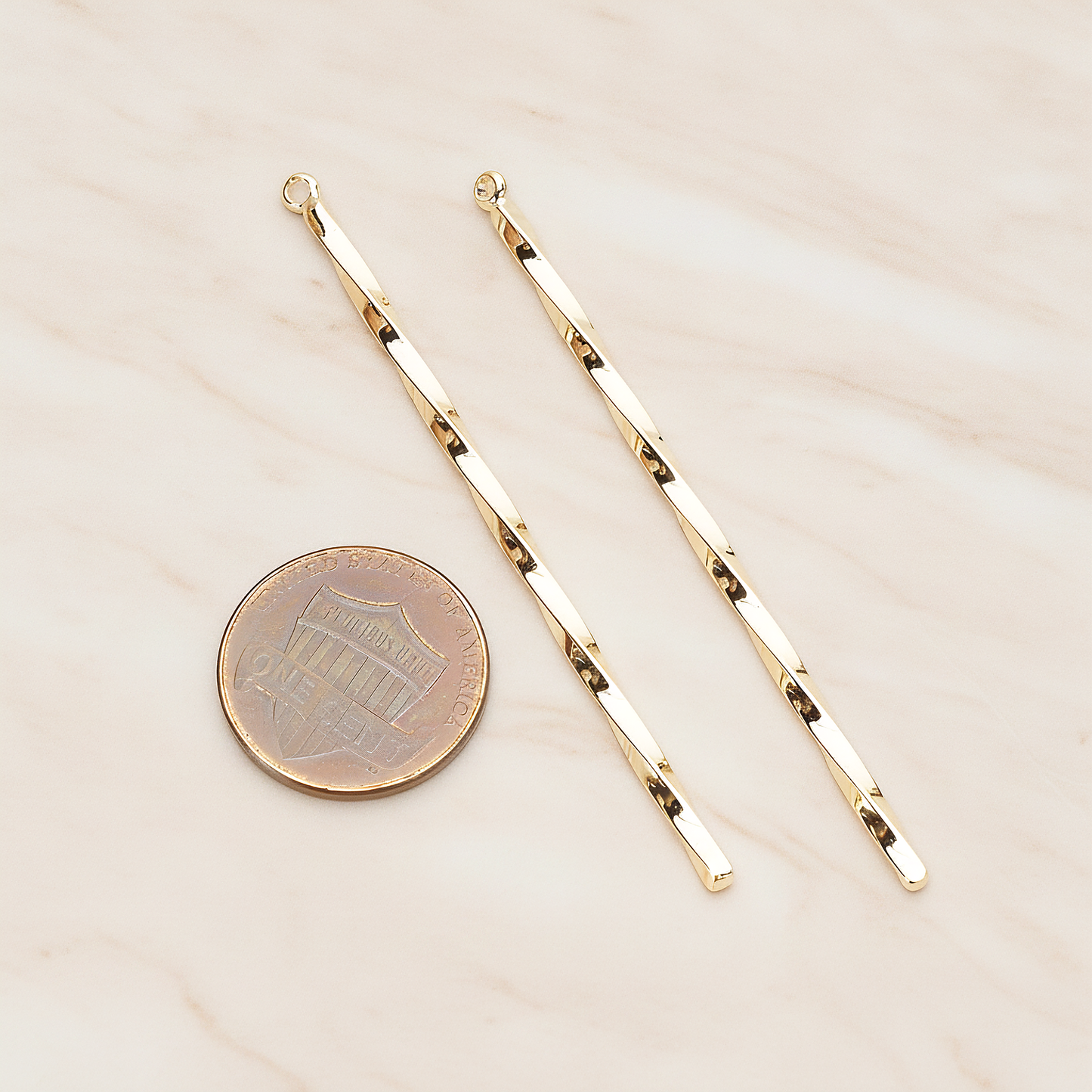 62mm Simple Twisted Vertical Bar Pendant, 2 Pc on warm marble background (PD.1433-02)