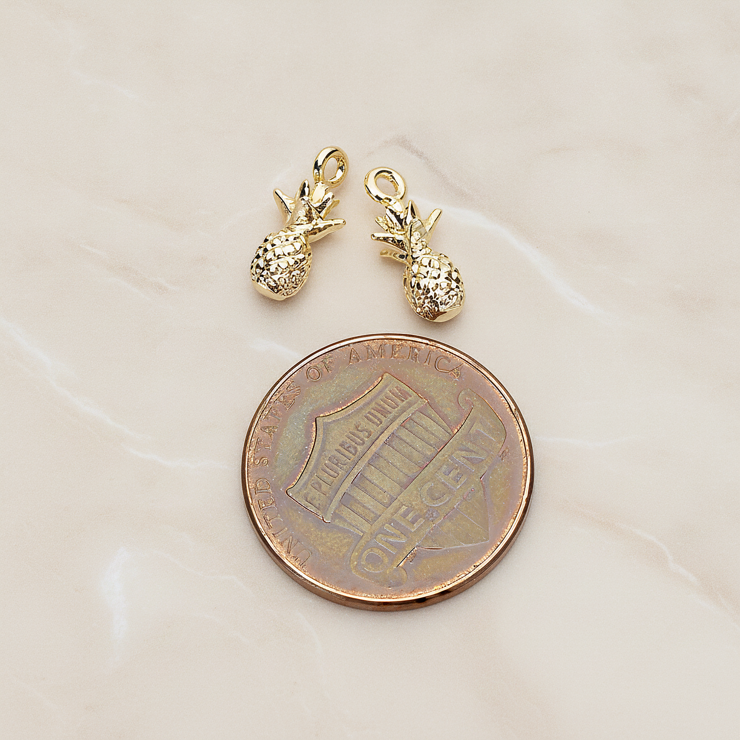 3D Realistic Baby Pineapple Charm Pendant, 2 Pc on warm marble background (PD.1461)