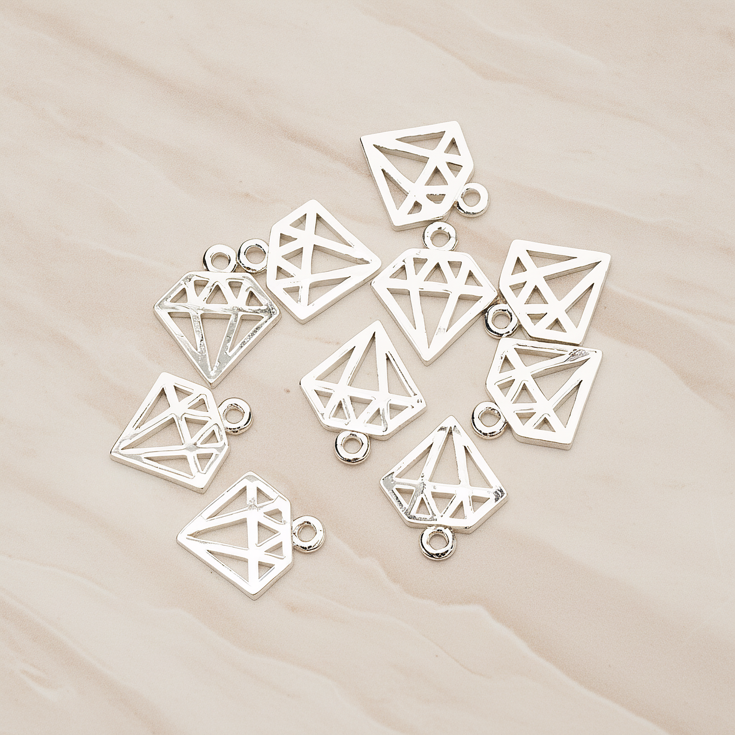 Simple Drawing Diamond Precious Gem Stone Link Charm Pendant, 2 Pc on warm marble background (PD.1482)