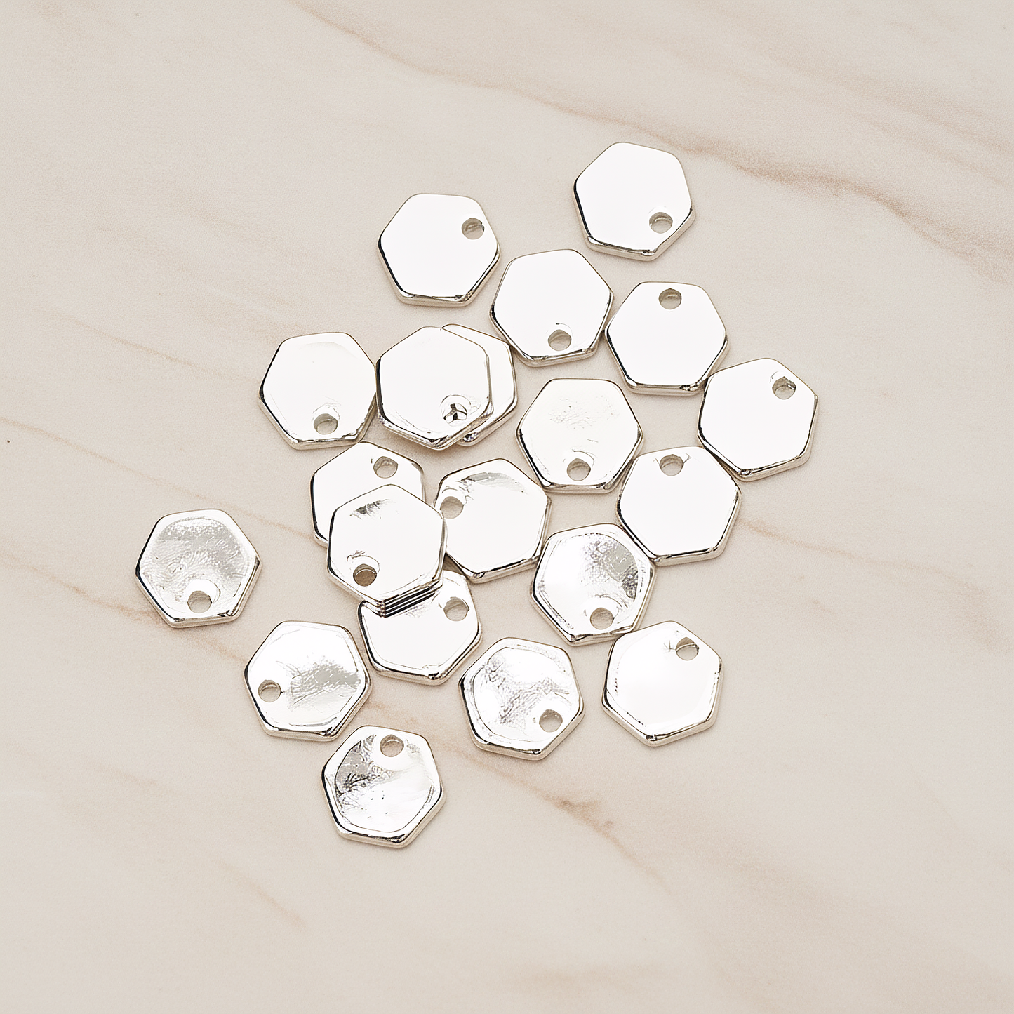 Simple Geometric 8mm Hexagon Coin Tag Charm Pendant, 4 Pc on warm marble background (PD.1484)