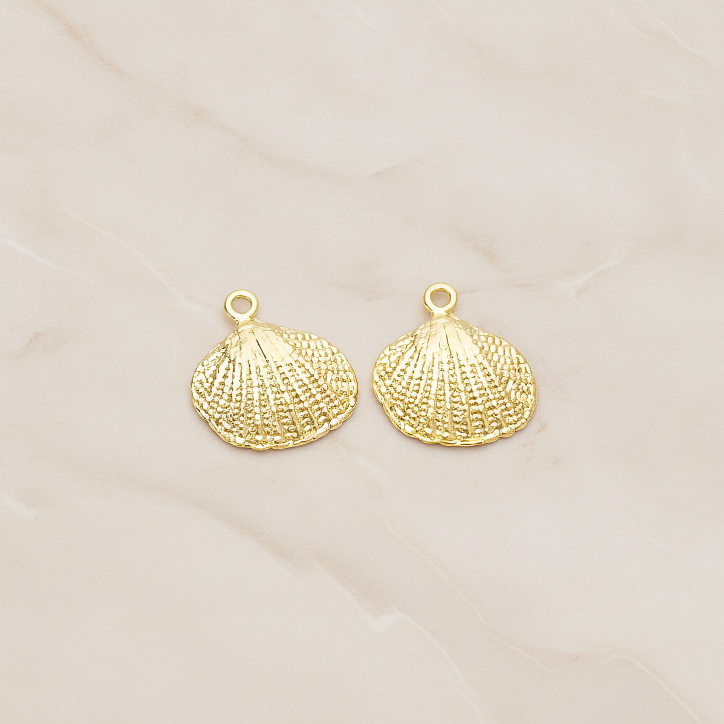 Realistic Metal Seashell Small Fan Clam Shell Pendant, 2 Pc on warm marble background (PD.1507)
