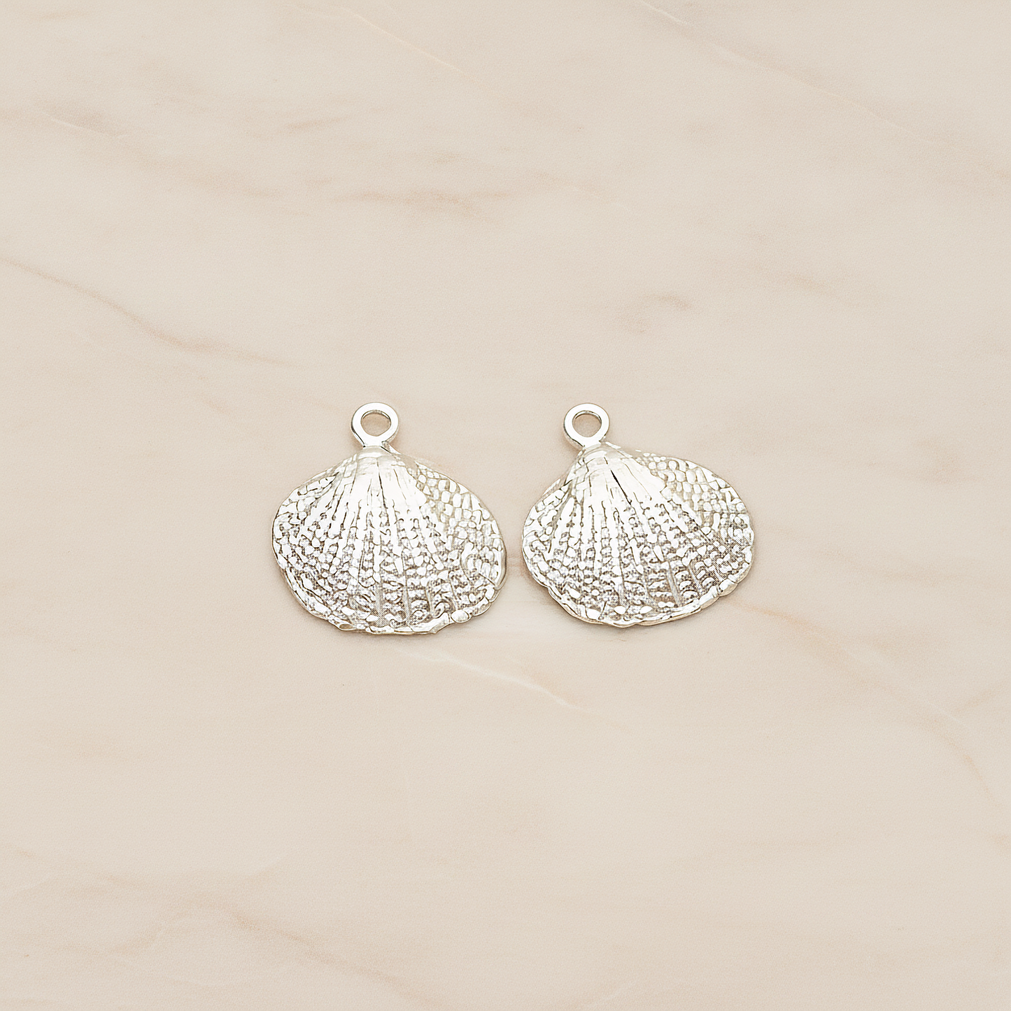 Realistic Metal Seashell Small Fan Clam Shell Pendant, 2 Pc on warm marble background (PD.1507)