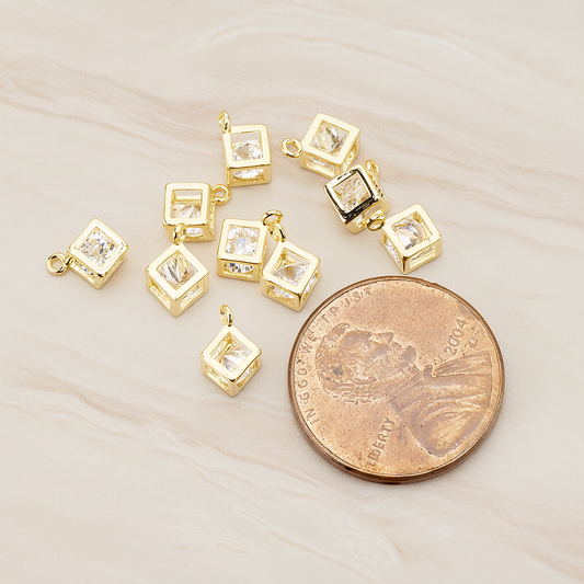 3D Square Cube Cubic Zircon CZ Inside Charm Pendant, 2 Pc on warm marble background (PD.1548)