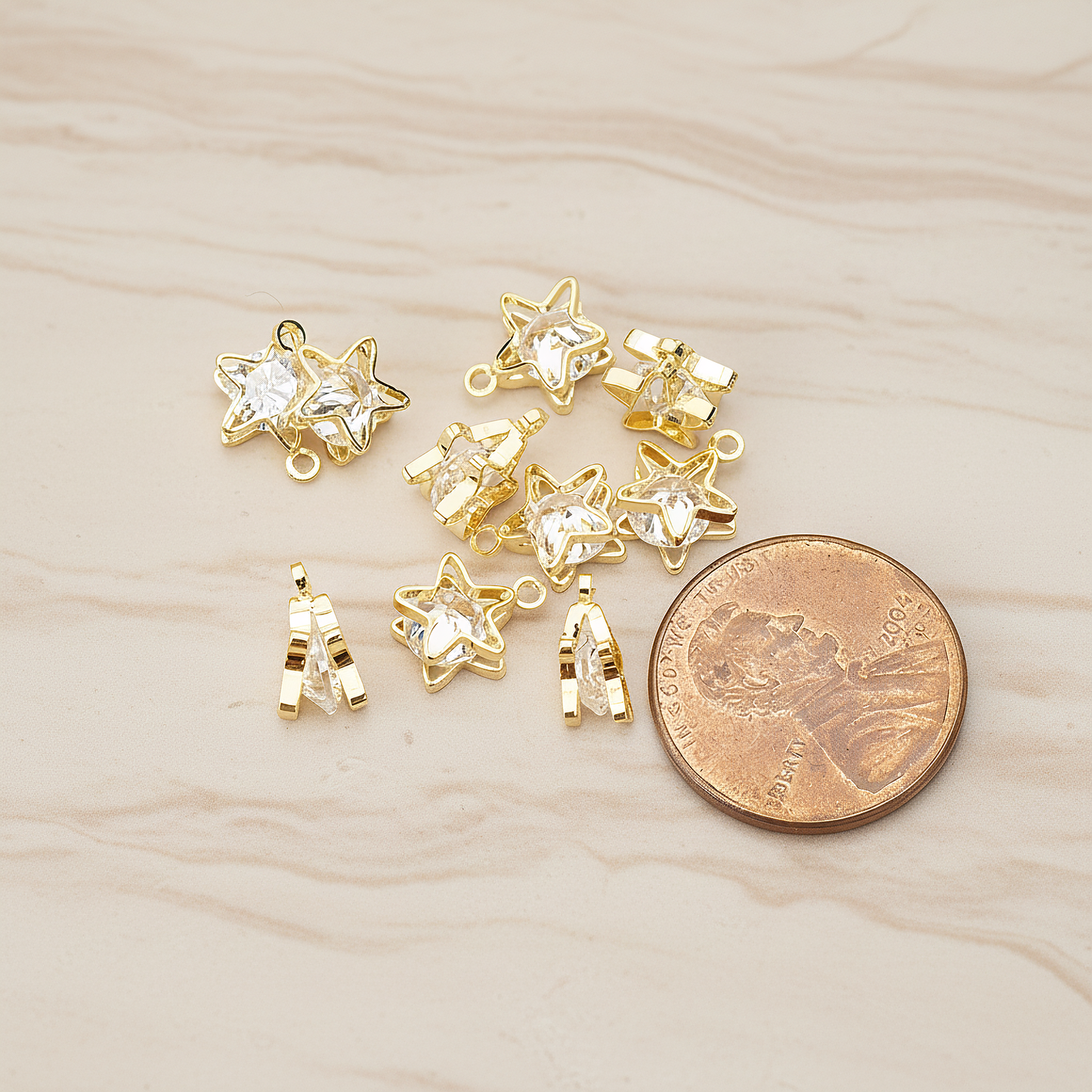 Double Star Sandwitch Framed Cubic Ziconia Charm Pendant, 2 Pc on warm marble background (PD.1576-01)