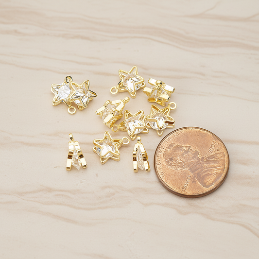 Double Star Sandwitch Framed Cubic Ziconia Charm Pendant, 2 Pc on warm marble background (PD.1576-01)