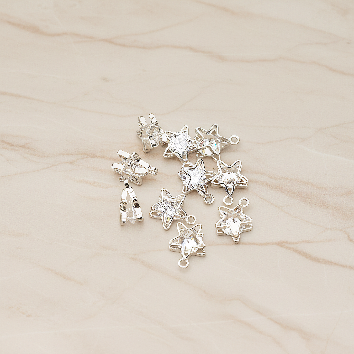 Double Star Sandwitch Framed Cubic Ziconia Charm Pendant, 2 Pc on warm marble background (PD.1576-01)