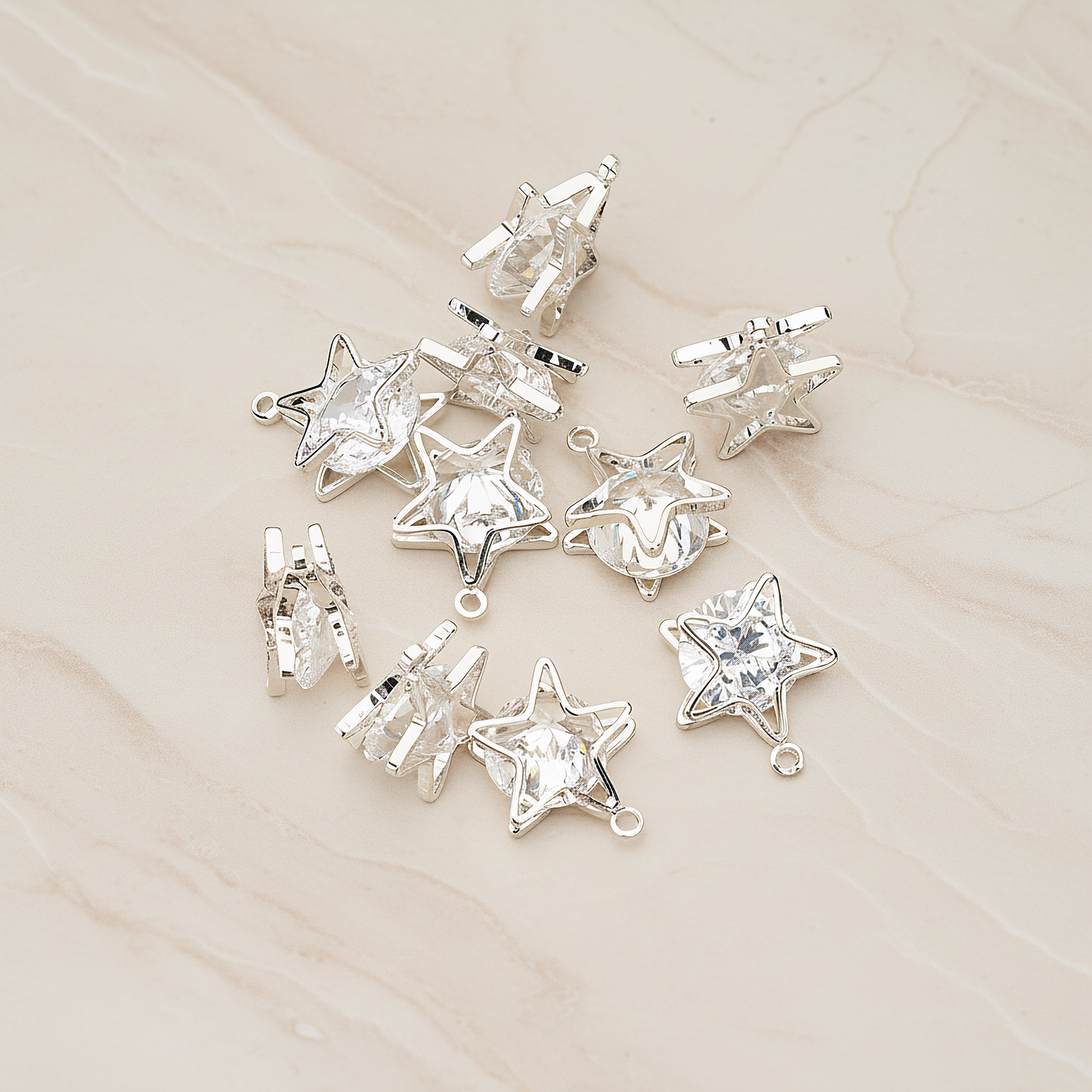 Double Star Sandwitch Framed Large Cubic Ziconia Charm Pendant, 2 Pc on warm marble background (PD.1576-02)