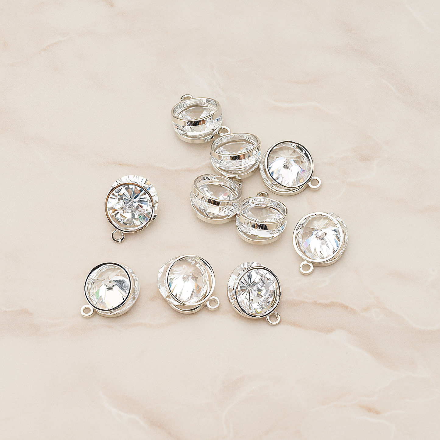 Double Round Sandwitch Framed Cubic Ziconia Charm Pendant, 2 Pc on warm marble background (PD.1578-02)