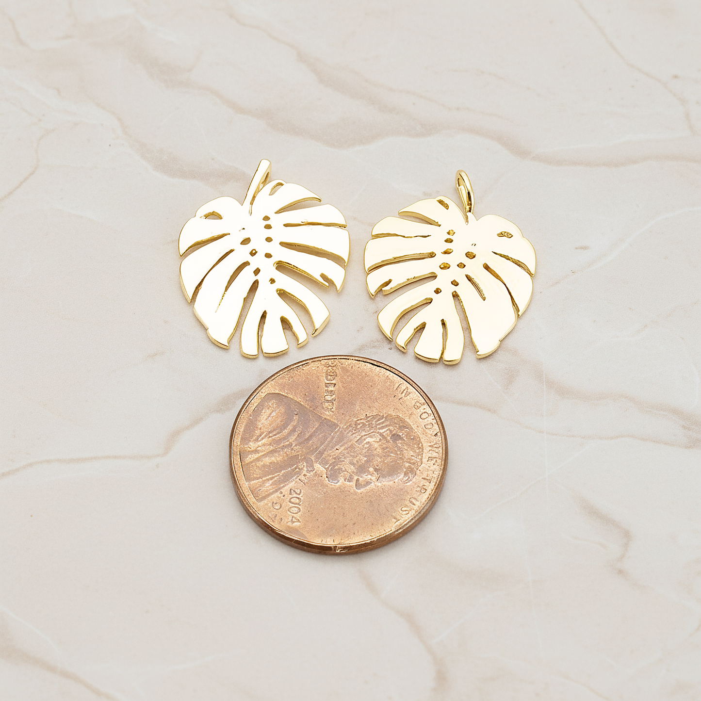 Monstera Leaf Plated Pendant, 2 Pc on warm marble background (PD.1605)