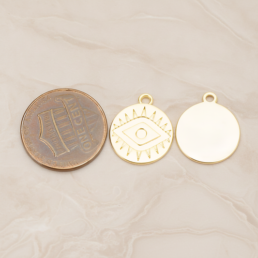 Aztec Eye Symbol in Round Circle Disk Coin Charm Pendant, 2Pc on warm marble background (PD.1749)