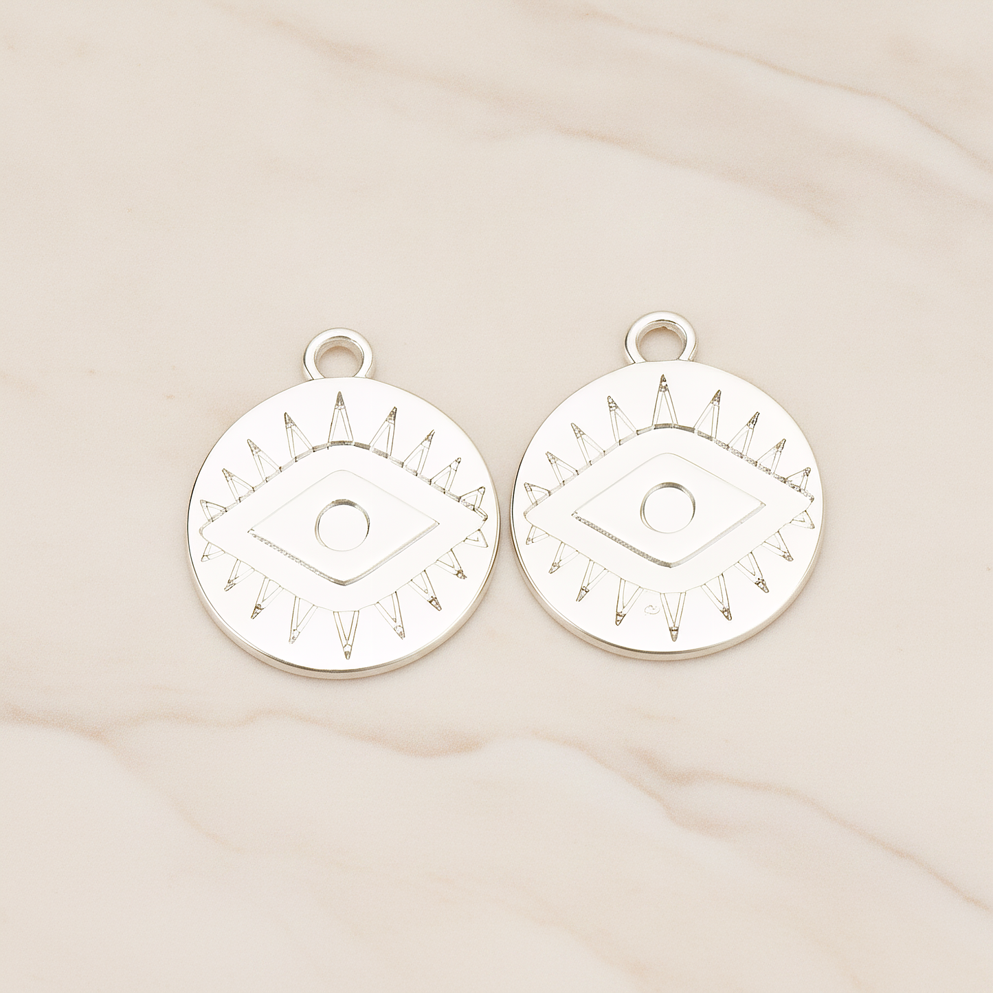 Aztec Eye Symbol in Round Circle Disk Coin Charm Pendant, 2Pc on warm marble background (PD.1749)