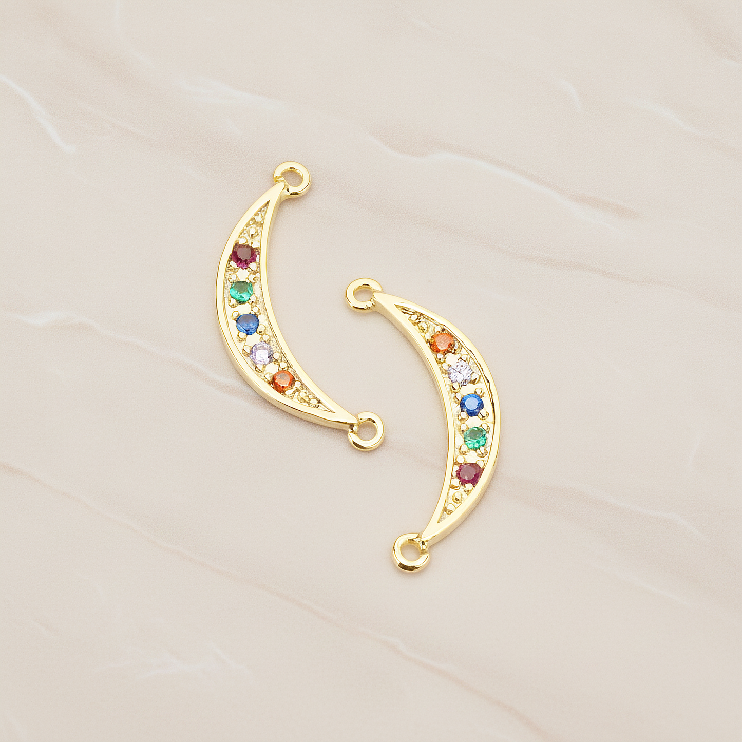 Chakra Colorful Cubic Crescent Moon Connector Pendant, 2Pc on warm marble background (PD.1765)