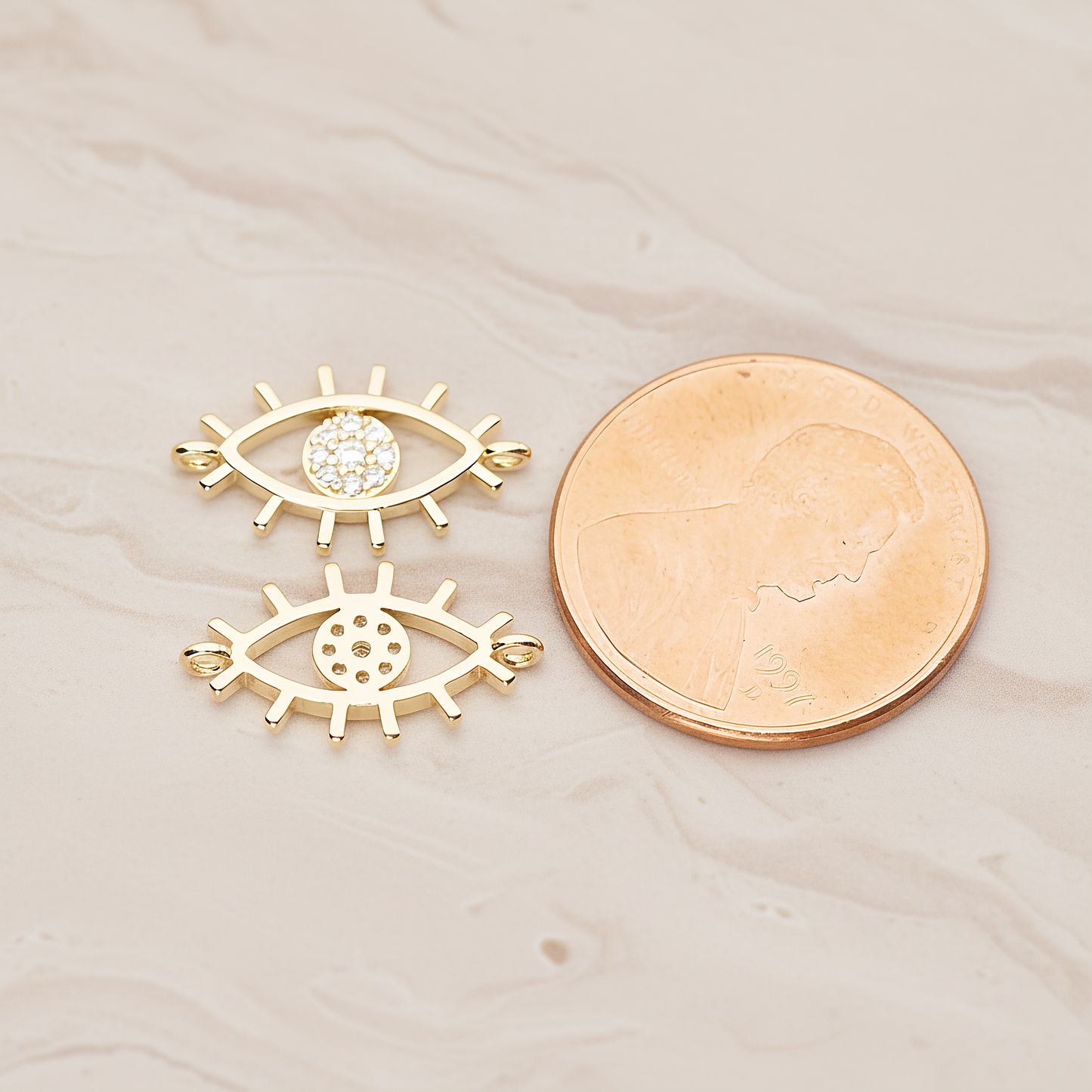 Cubic Evil Eye Oval Connector Pendant, 2 Pc on warm marble background (PD.1810)
