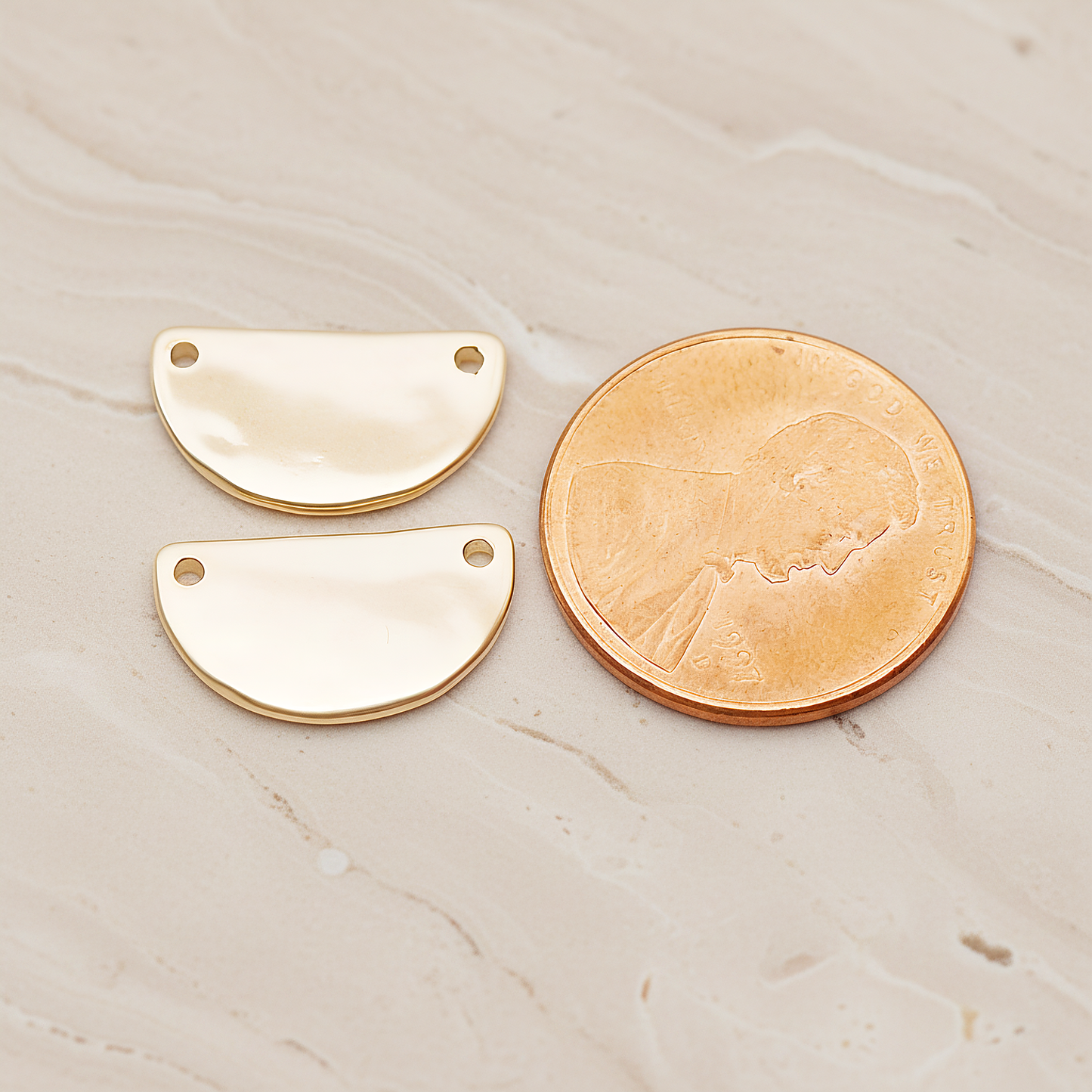 Reverse Half Moon Stamped Hammered Connector Pendant, 2 Pc on warm marble background (PD.1825)