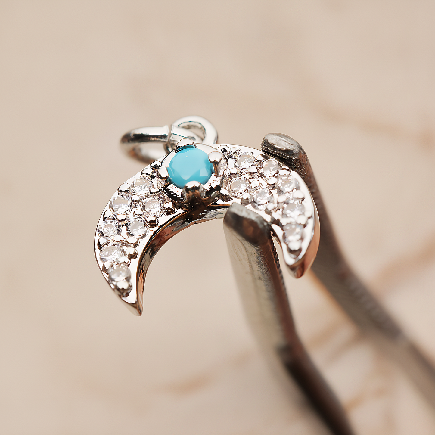 Reverse Crescent Moon Turquoise Cubic Pendant, 2 Pc on warm marble background (PD.1846)