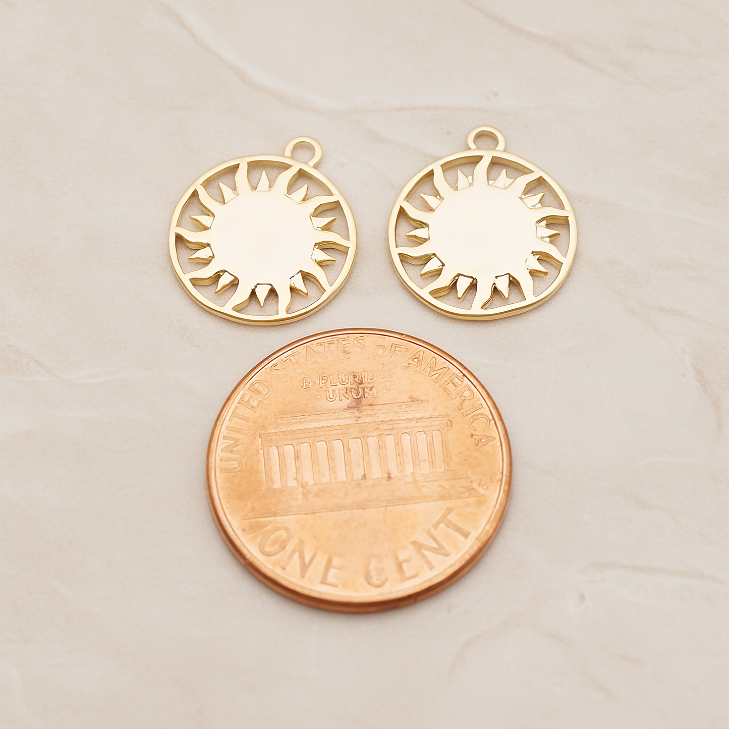 Sun Circle Ring Pendant, 2 Pc on warm marble background (PD.1879)