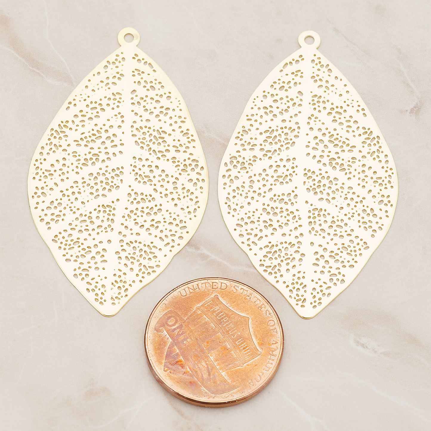 SMALL Filigree Leaf Pendant, 2 Pc on warm marble background (PD.216-01)