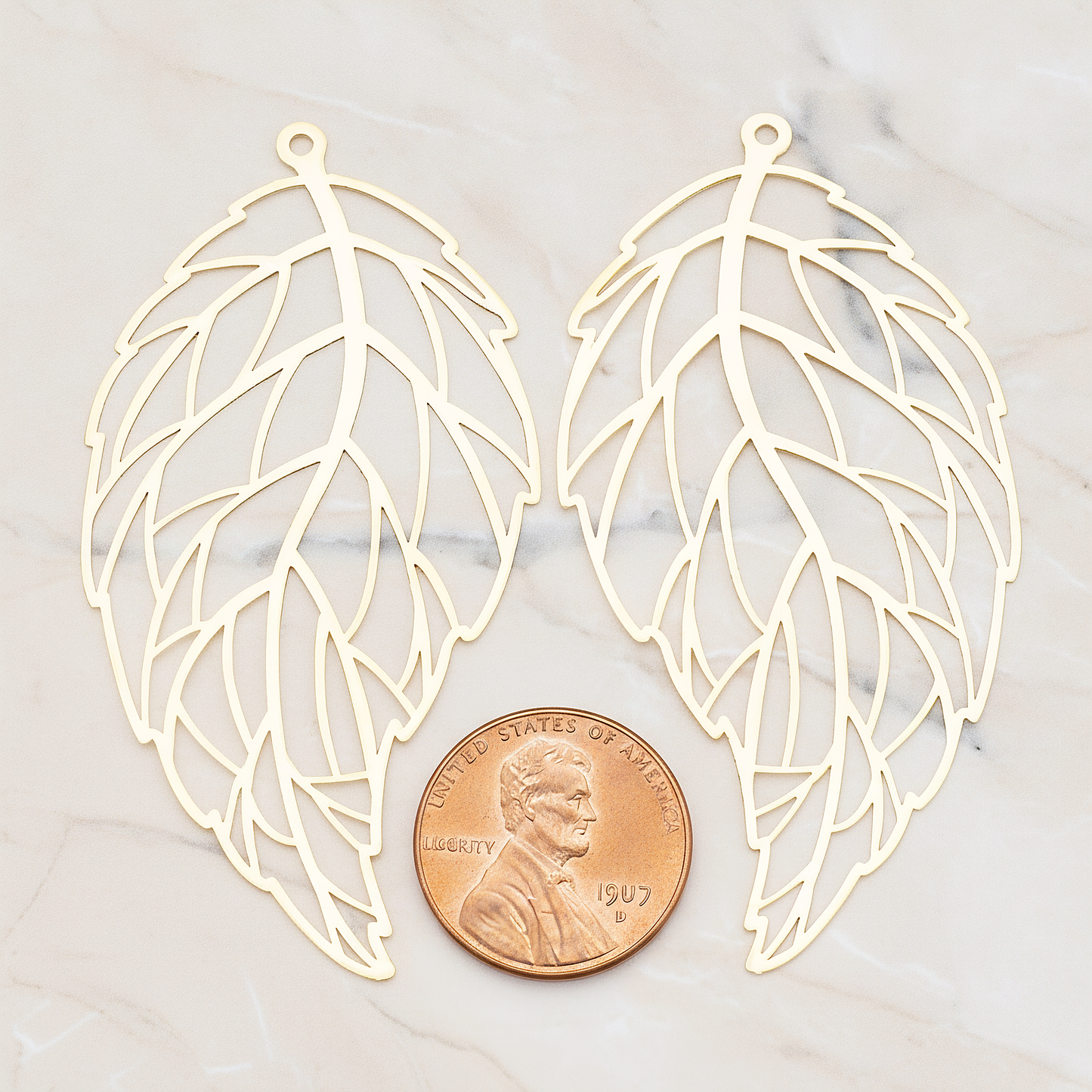 Filigree Vein Leaf Pendant, 2 Pc on warm marble background (PD.235)