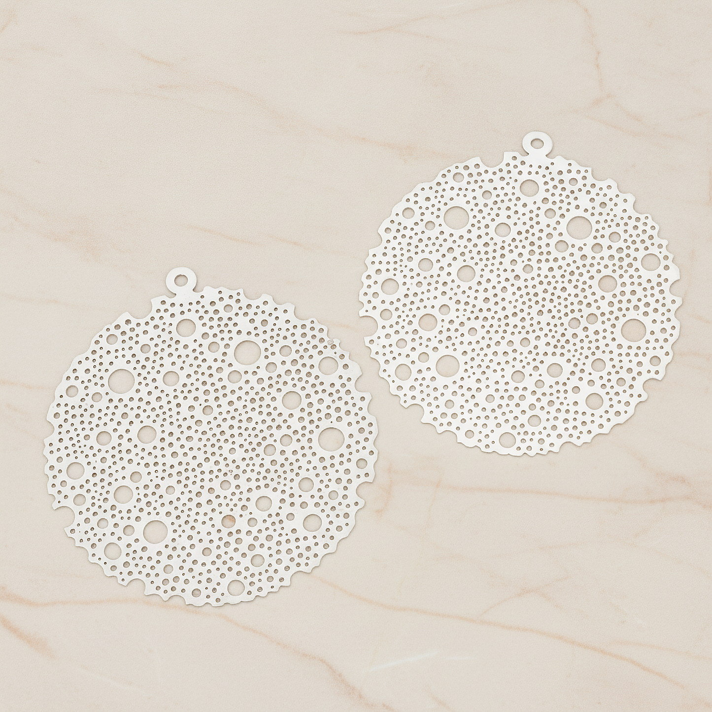 Filigree Round Dotted Moon Pendant, 2 Pc on warm marble background (PD.245)