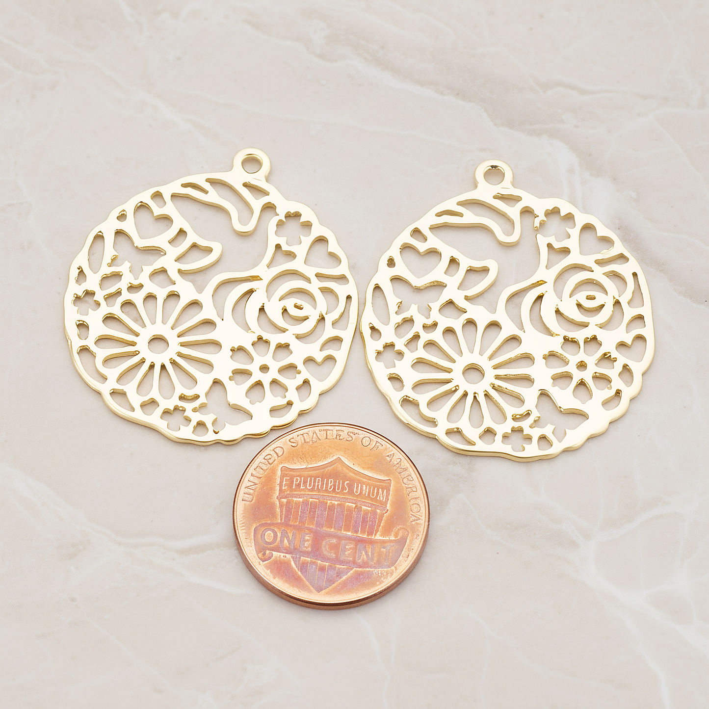 Daisy and Dove Round Pendant, 2 Pc on warm marble background (PD.340)