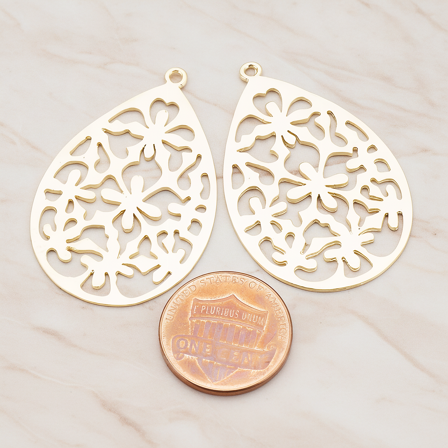Floral Teardrop Pendant, 2 Pc on warm marble background (PD.478-01)