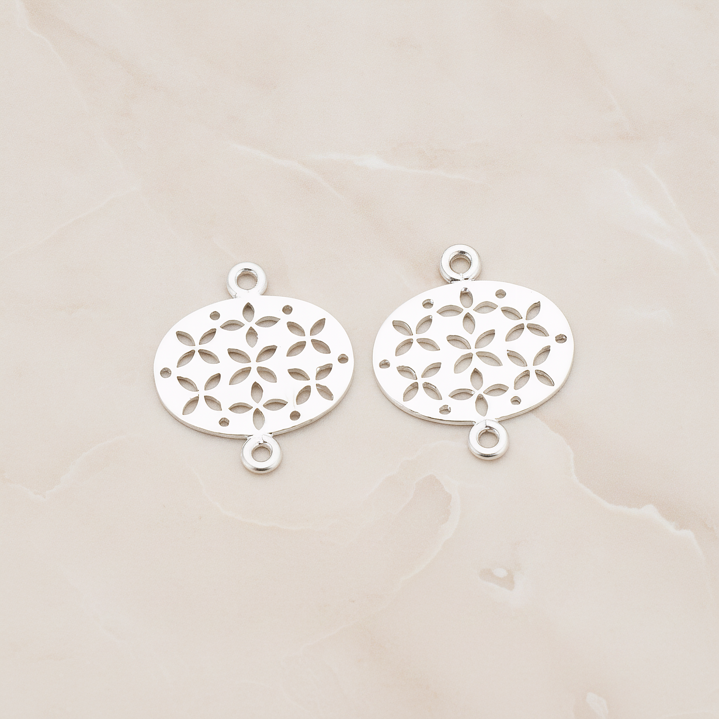 Oval Flower Textured Connector Pendant, 2 Pc on warm marble background (PD.522)