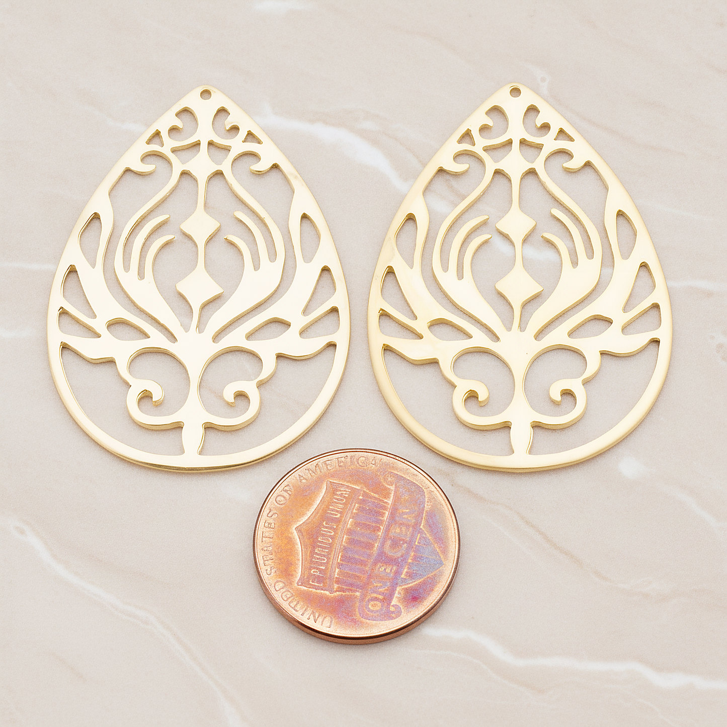 Peacock In Teardrop Pendant, 2 Pc on warm marble background (PD.585)