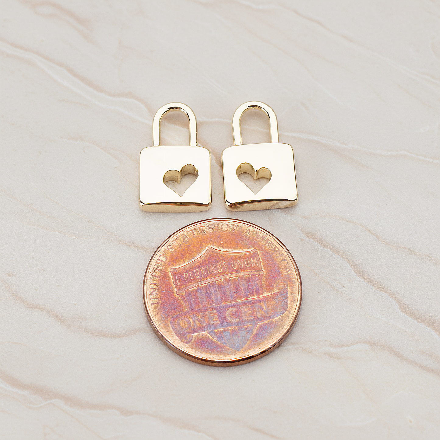 Heart Punched Lock Charm Pendant, 2 Pc on warm marble background (PD.810)