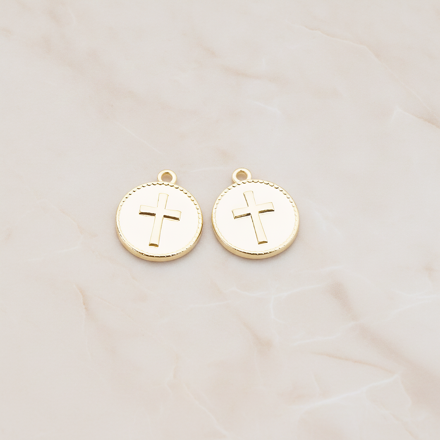 Cross Round Tag Disk Pendant, 2 Pc on warm marble background (PD.902)