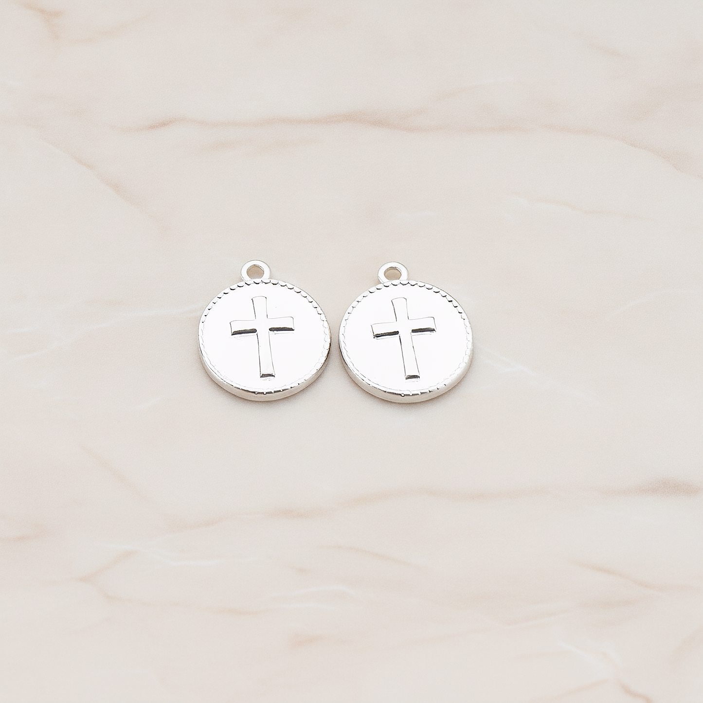 Cross Round Tag Disk Pendant, 2 Pc on warm marble background (PD.902)