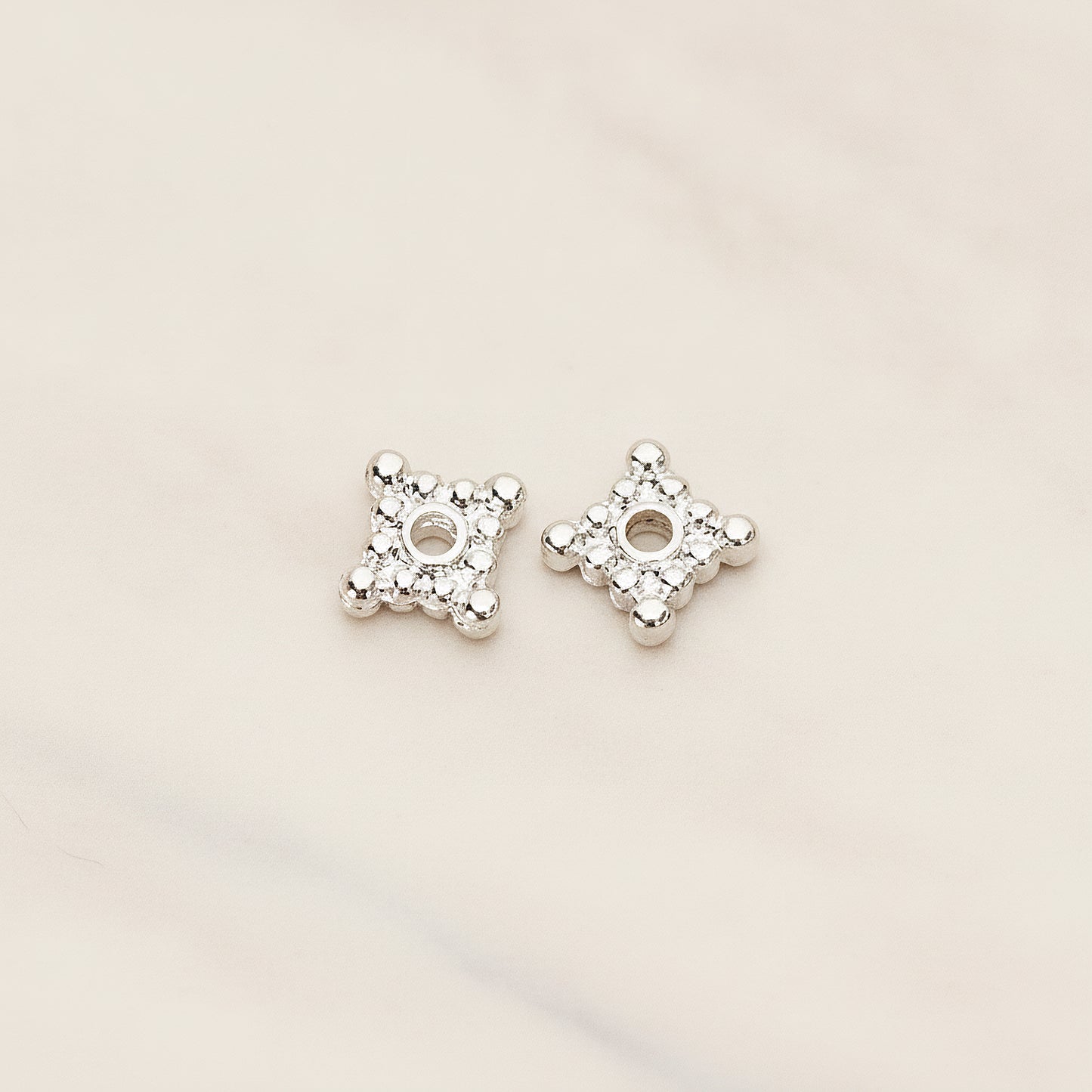 Dotted Mini Square Metal Bead Caps Spacer, 6 Pc - Glossy Original Rhodium (BD.046)