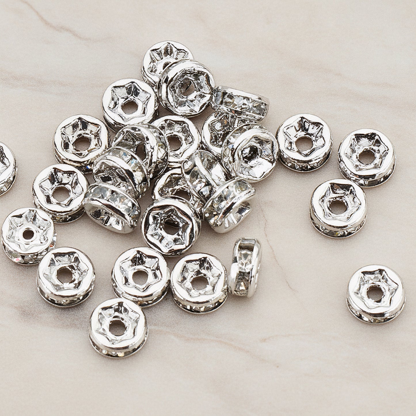 Cubic Zirconia Setting Rhinestone Rondelle Metal Bead, 8 Pc - Glossy Original Rhodium (BD.921)