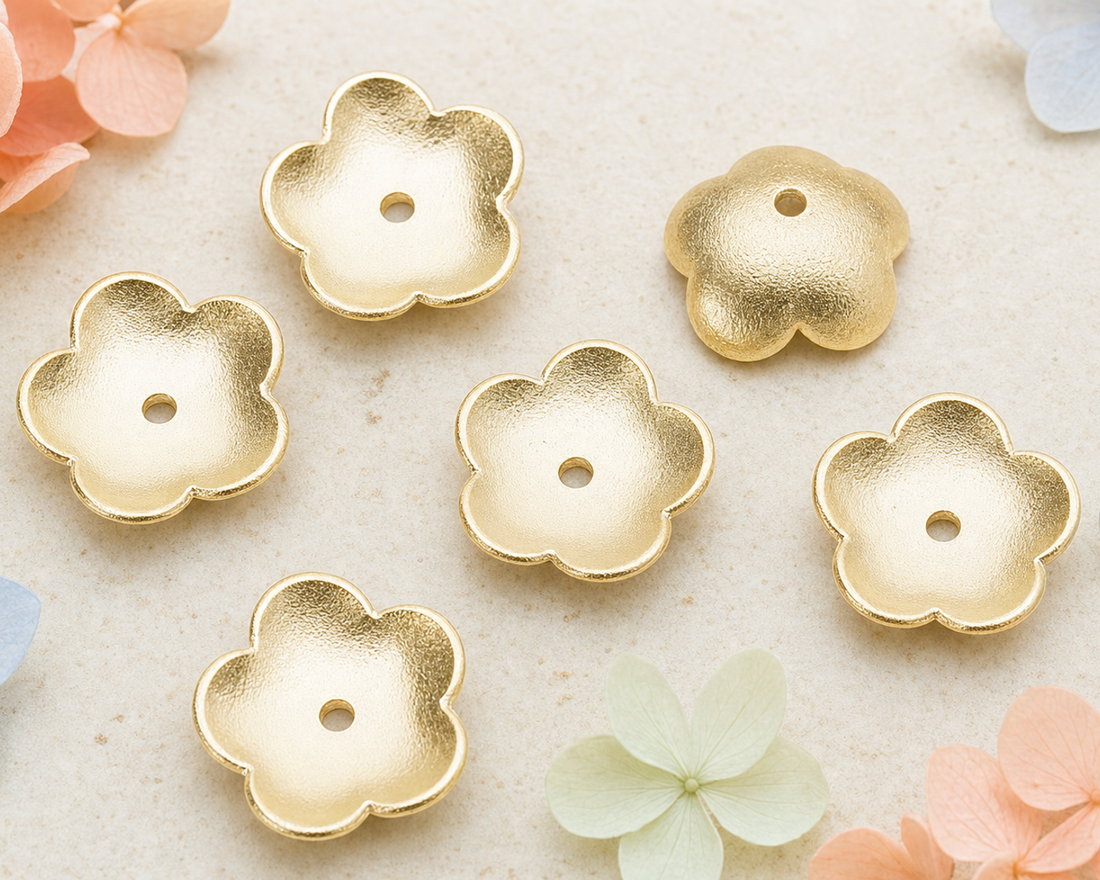 Hammered five petal flower bead caps in satin gold