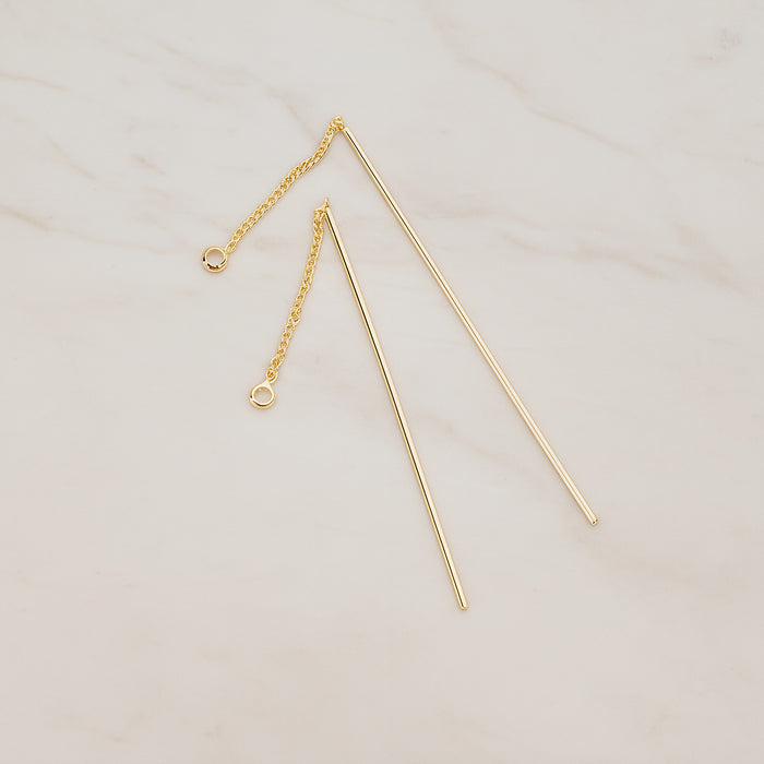 Chain Linked Thin Tube Bar Drop Ear Findings, 2 Pc - Glossy Gold (BA.267)