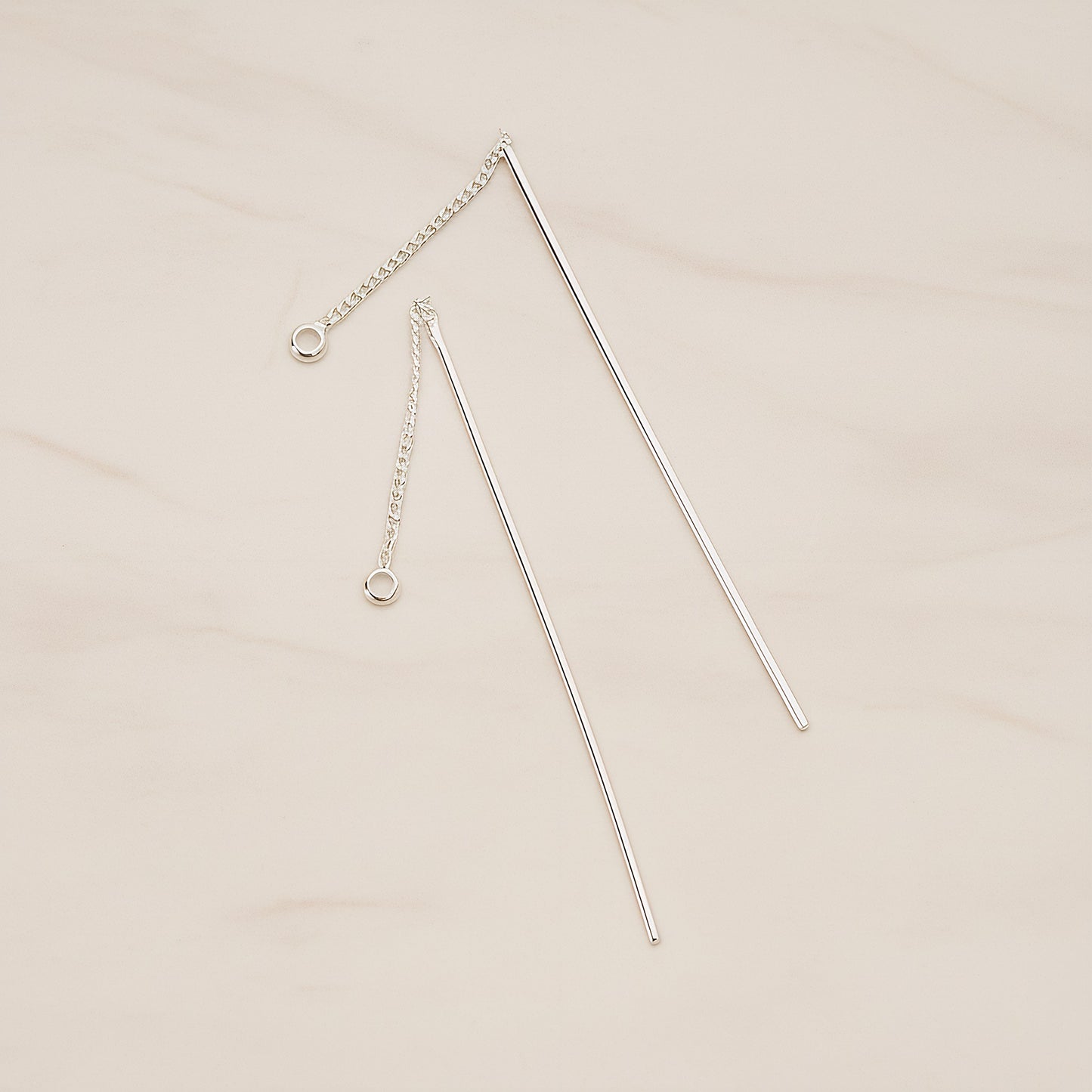 Chain Linked Thin Tube Bar Drop Ear Findings, 2 Pc - Glossy Original Rhodium (BA.267)