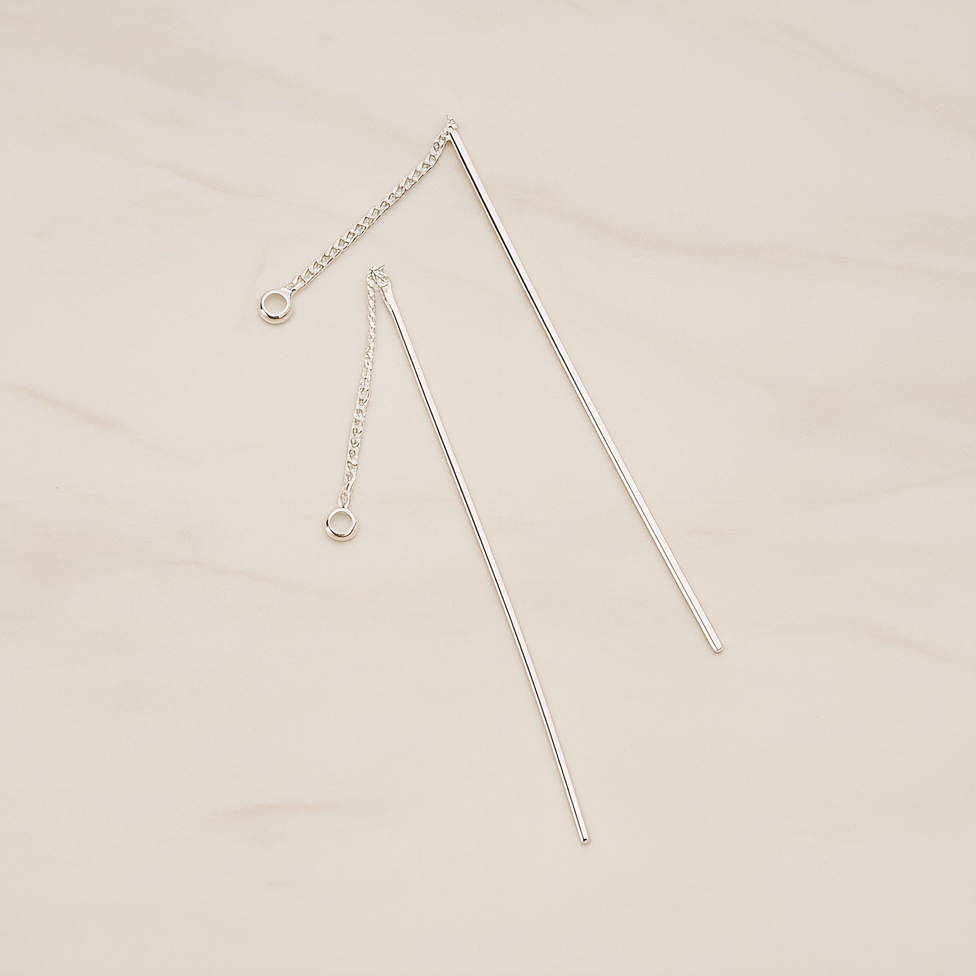 Chain Linked Thin Tube Bar Drop Ear Findings, 2 Pc - Glossy Original Rhodium (BA.267)