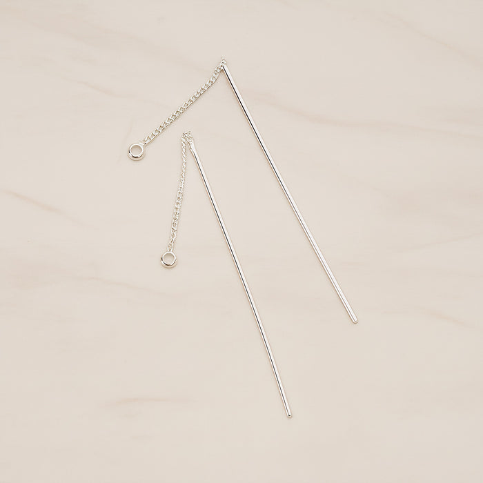Chain Linked Thin Tube Bar Drop Ear Findings, 2 Pc - Glossy Original Rhodium (BA.267)